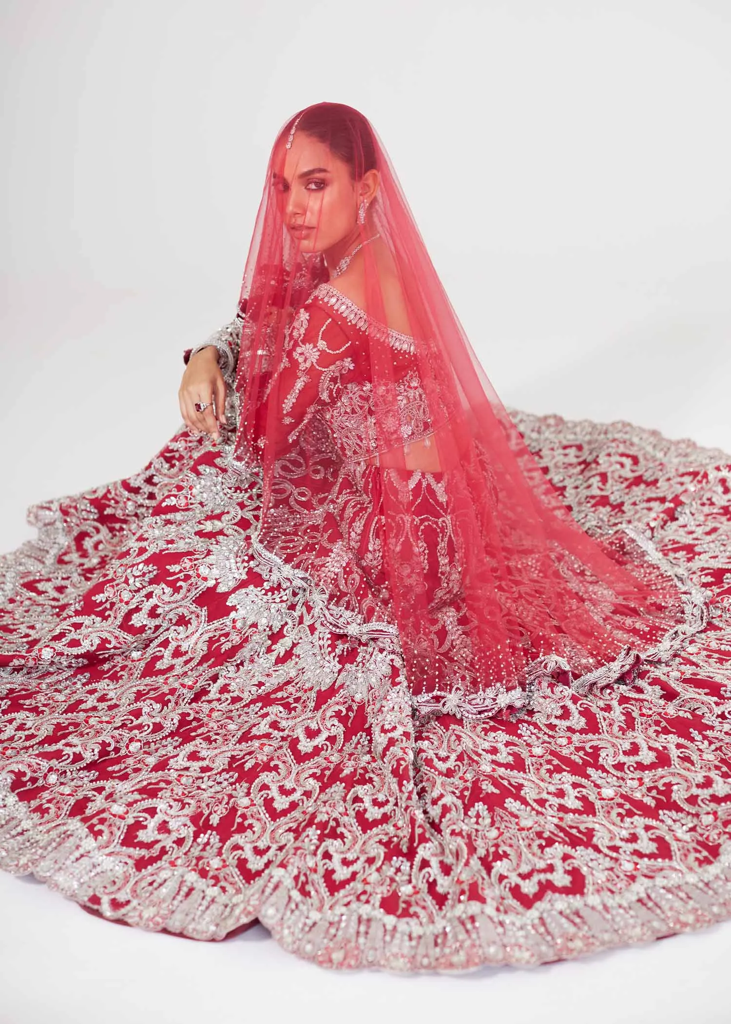 Pakistani Bridal Dress in Red Choli and Lehenga Style