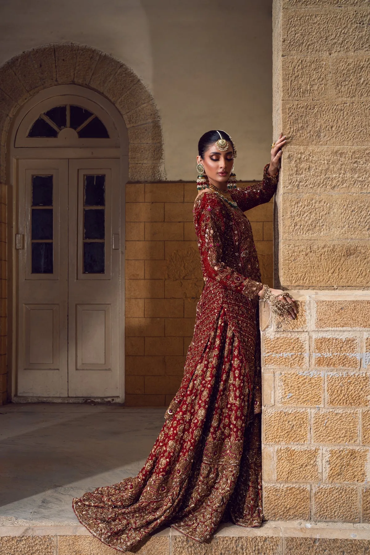 Pakistani Bridal Dress in Red Lehenga and Kameez Style