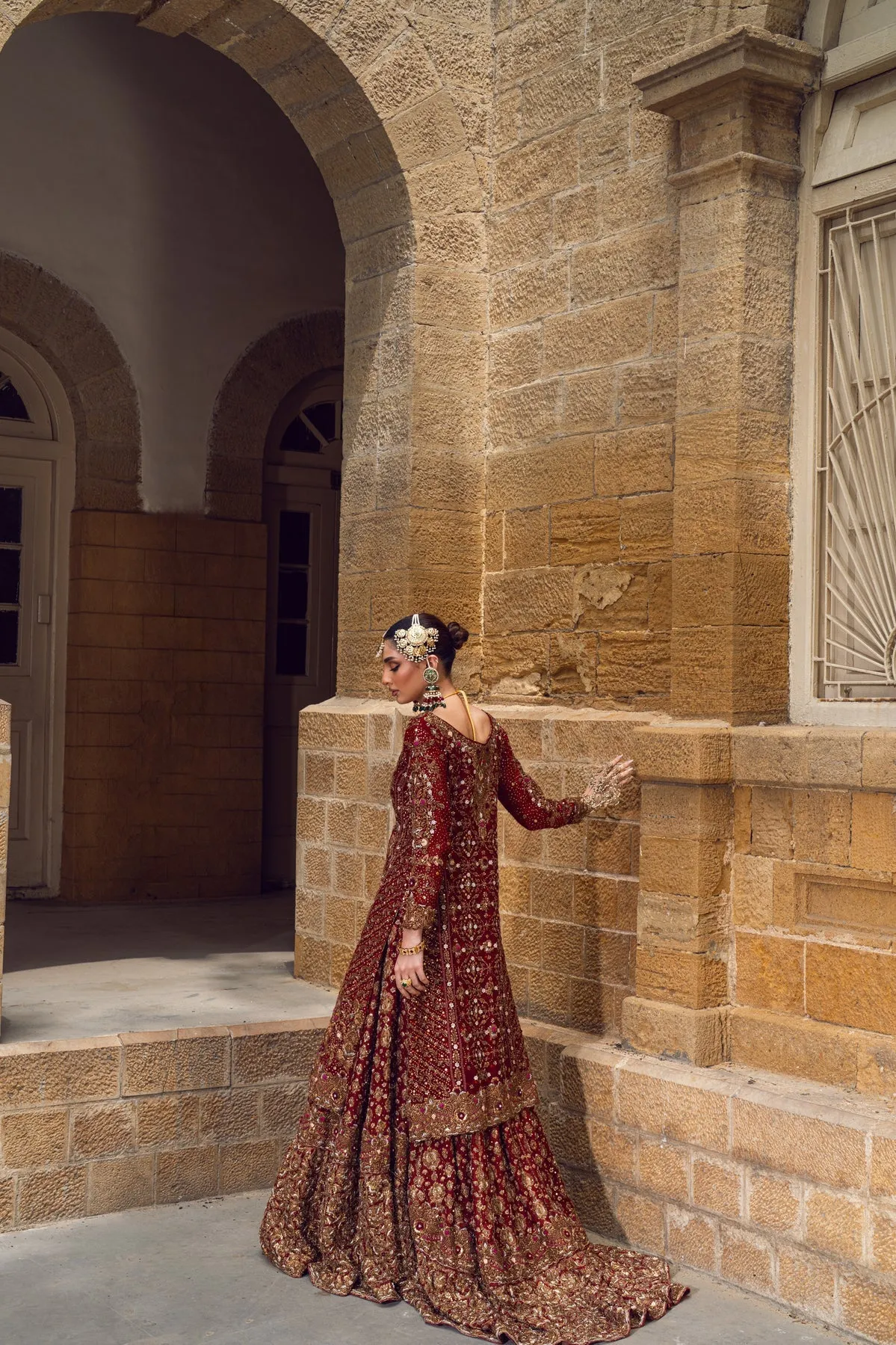 Pakistani Bridal Dress in Red Lehenga and Kameez Style