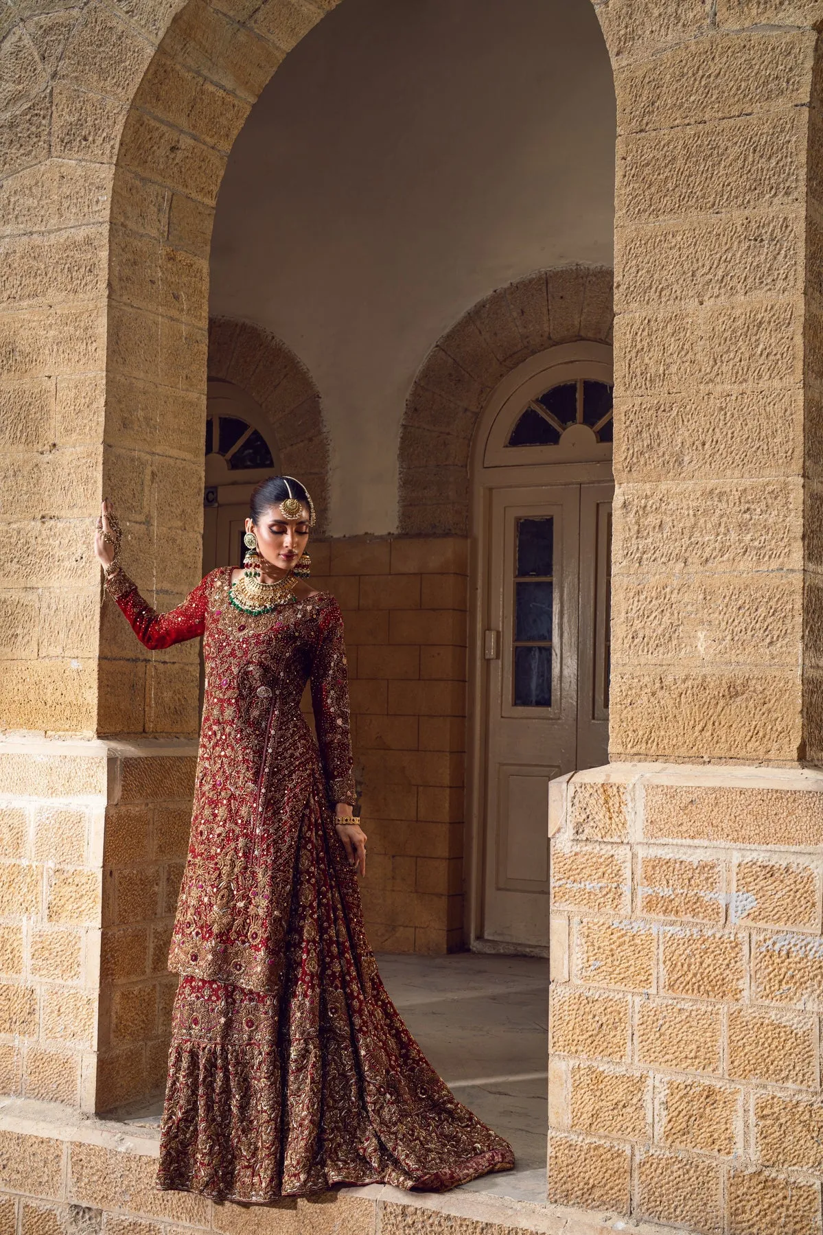 Pakistani Bridal Dress in Red Lehenga and Kameez Style