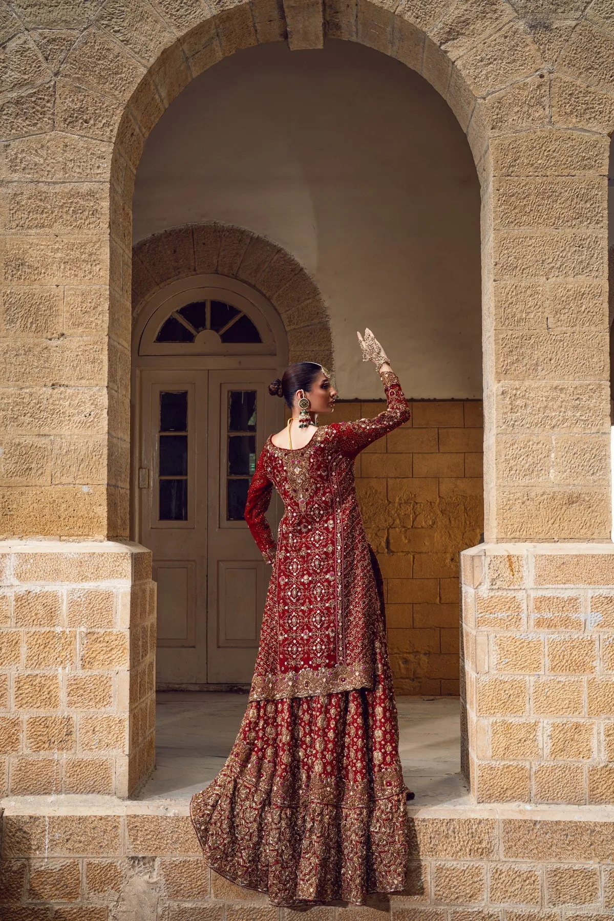 Pakistani Bridal Dress in Red Lehenga and Kameez Style