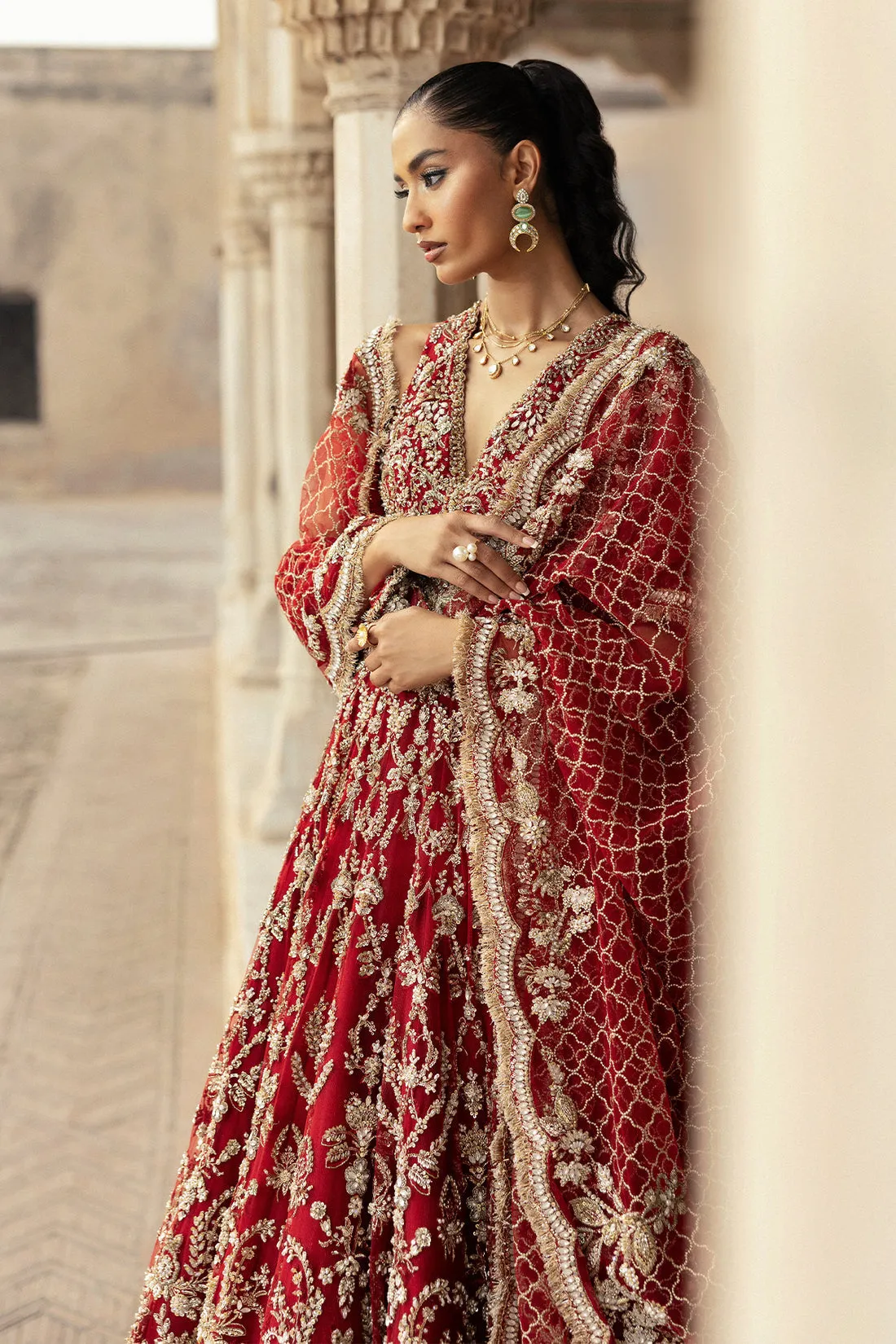 Pakistani Bridal Dress in Royal Red Lehenga Frock Style