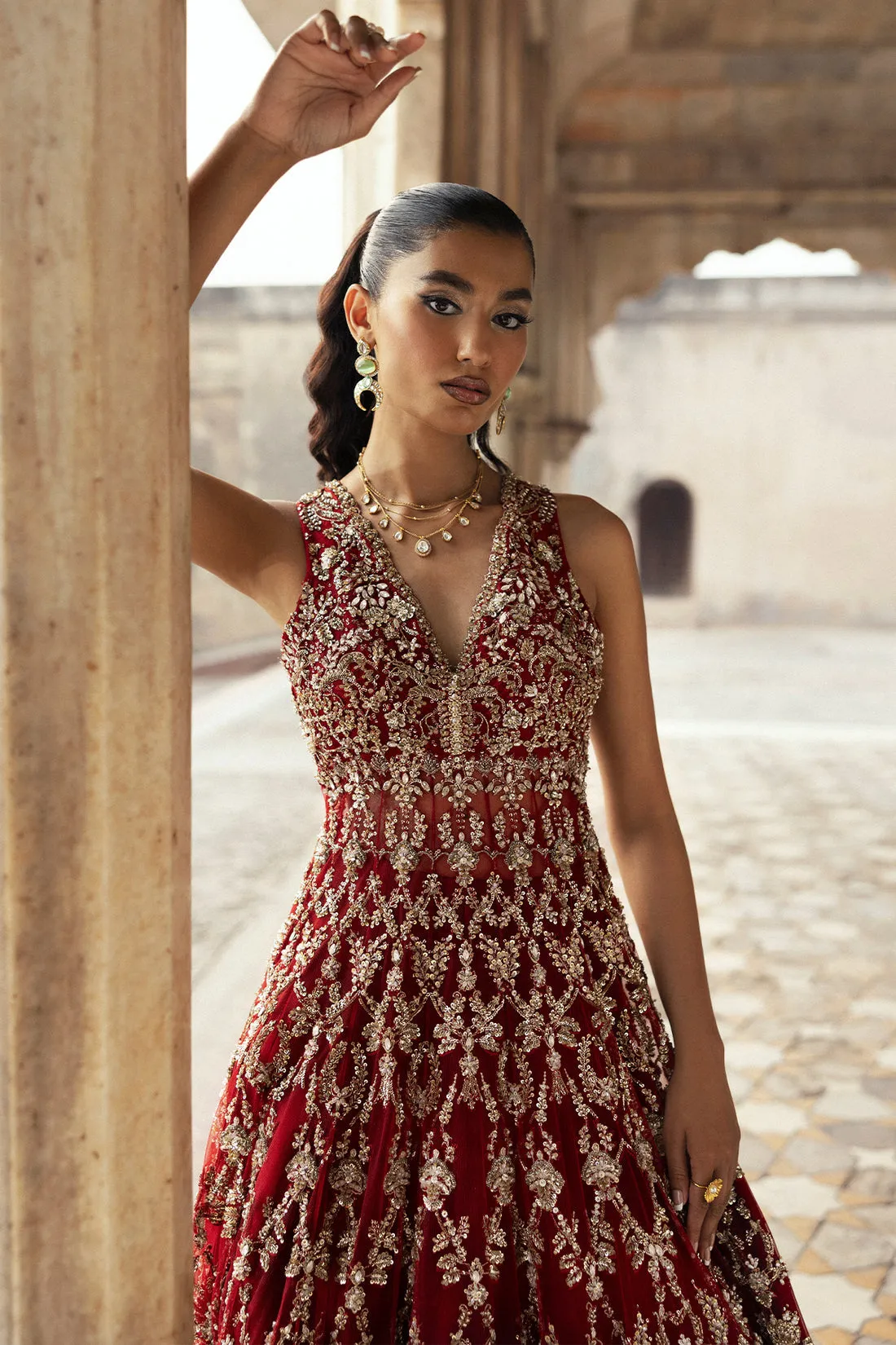 Pakistani Bridal Dress in Royal Red Lehenga Frock Style