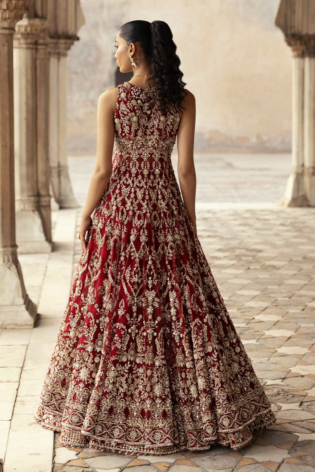 Pakistani Bridal Dress in Royal Red Lehenga Frock Style