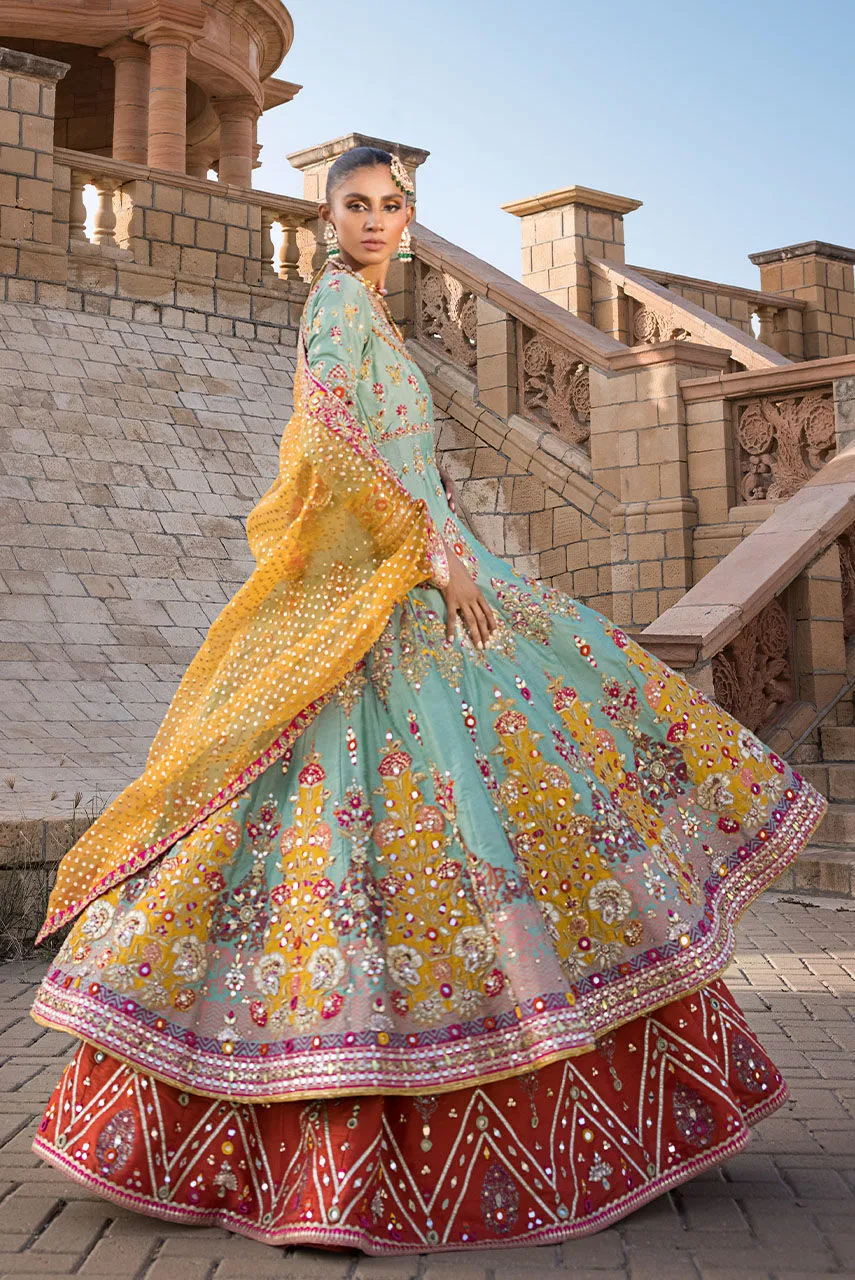 Pakistani Bridal Lehenga Frock and Dupatta Mehndi Dress