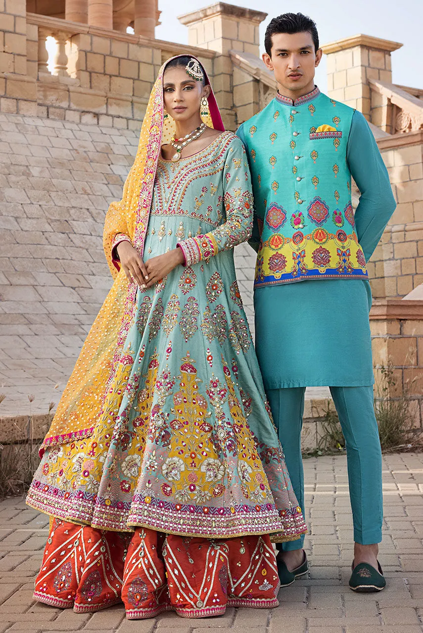 Pakistani Bridal Lehenga Frock and Dupatta Mehndi Dress