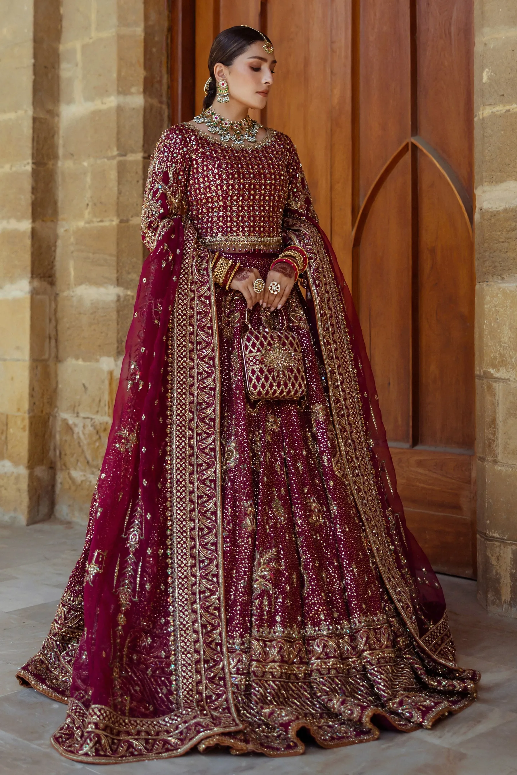 Pakistani Bridal Outfit in Plum Lehenga Choli Style