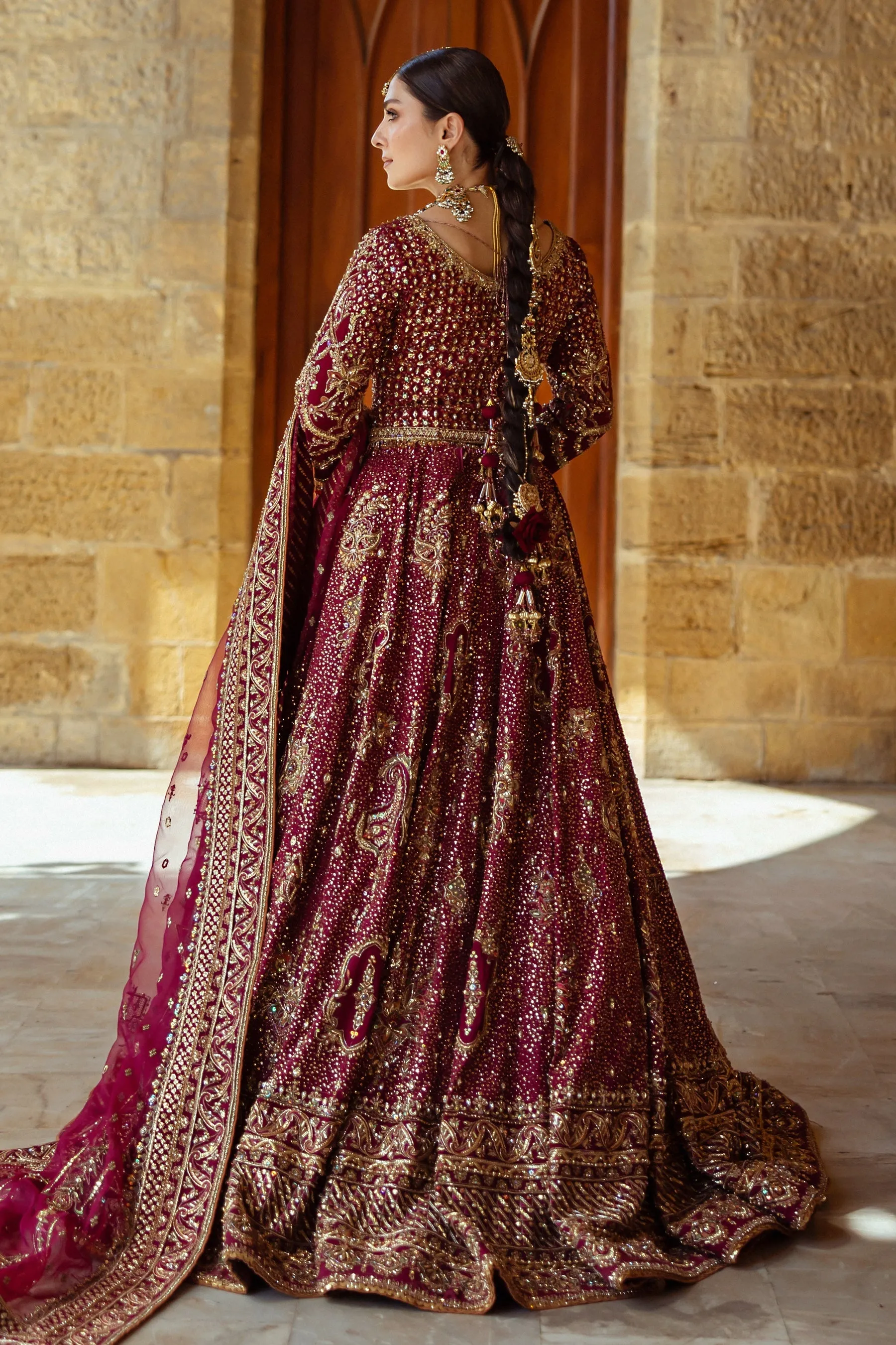 Pakistani Bridal Outfit in Plum Lehenga Choli Style