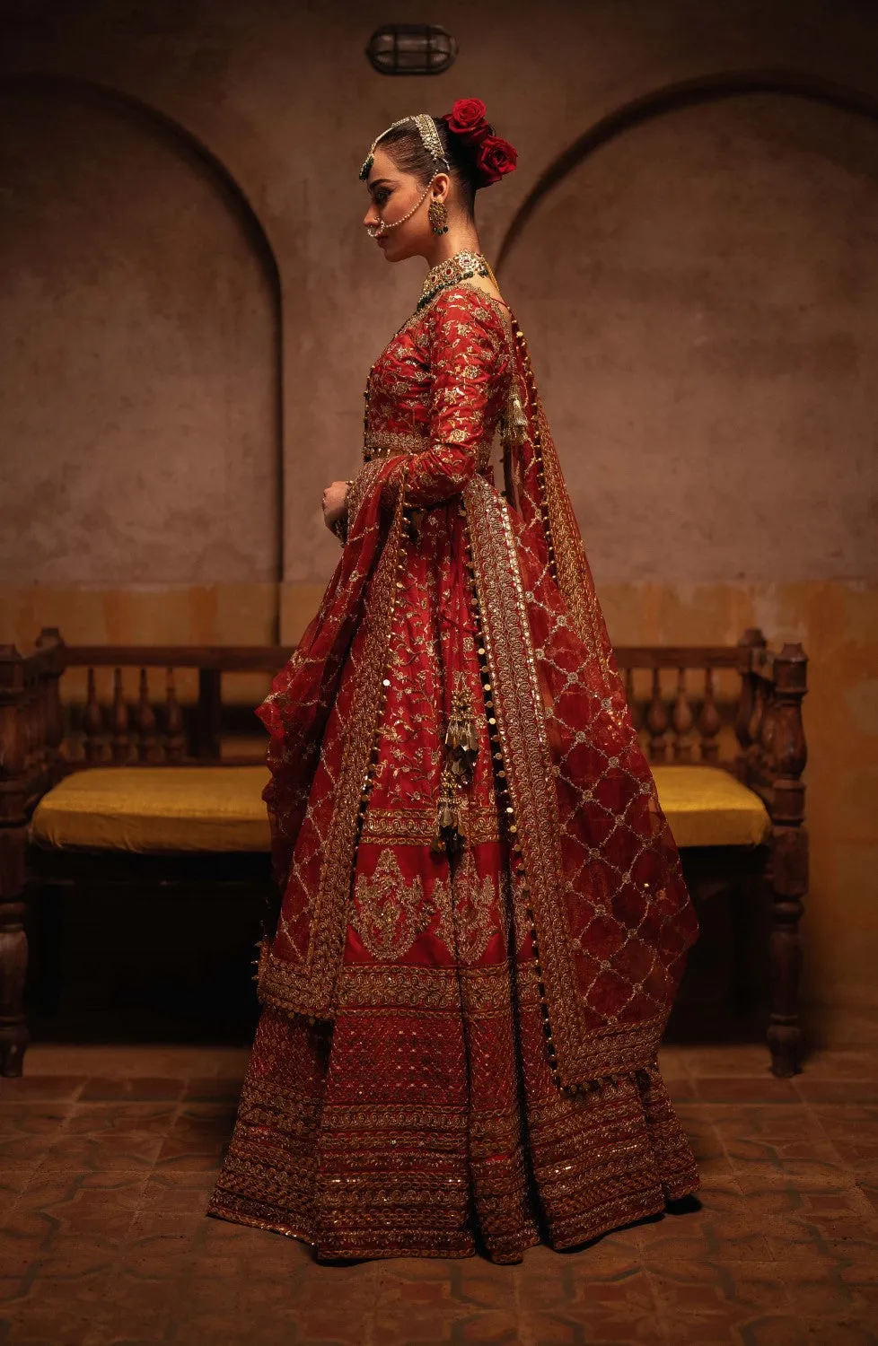 Pakistani Bridal Outfit in Red Choli and Lehenga Style