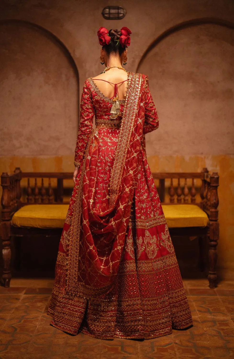 Pakistani Bridal Outfit in Red Choli and Lehenga Style