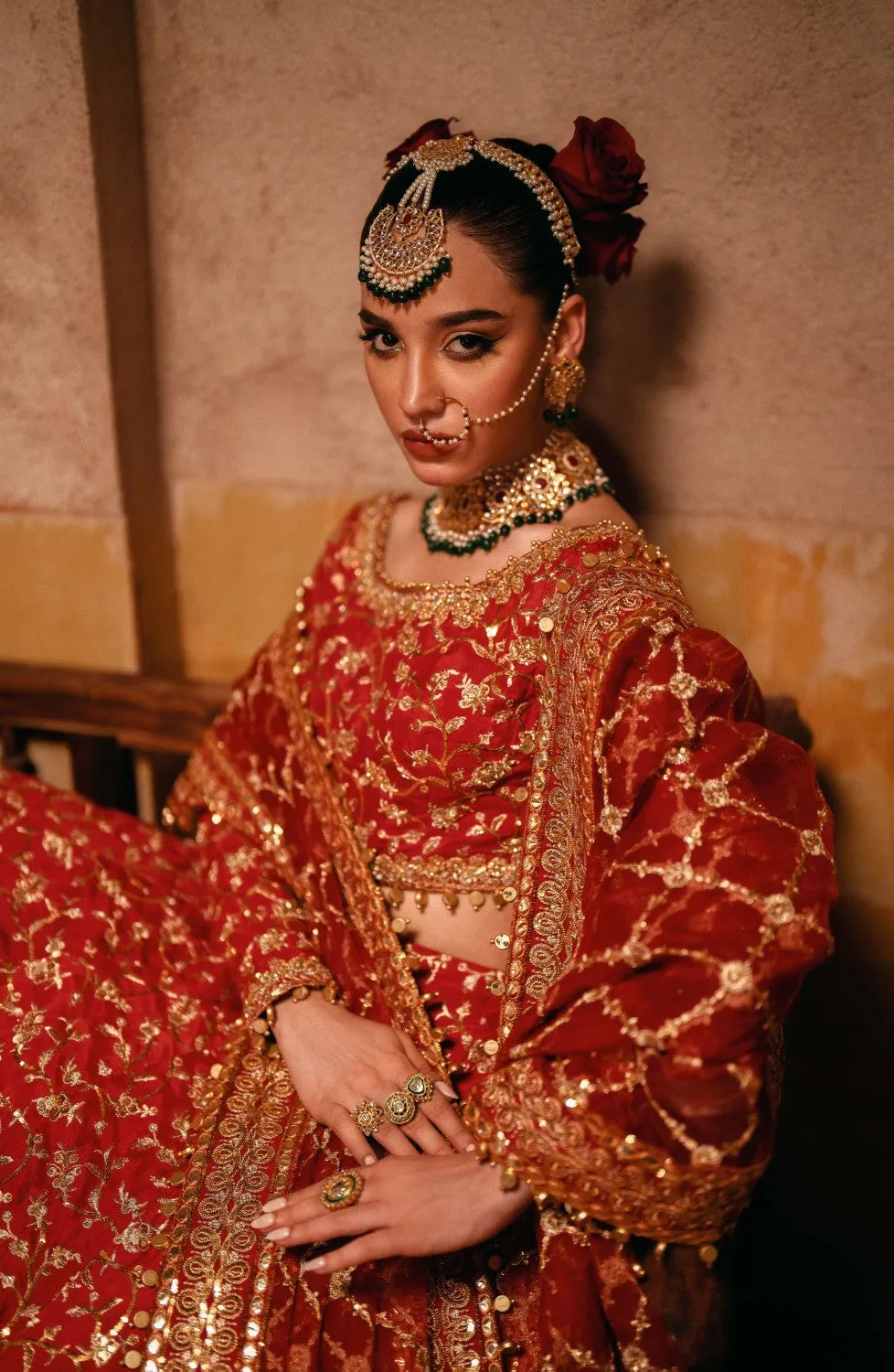 Pakistani Bridal Outfit in Red Choli and Lehenga Style