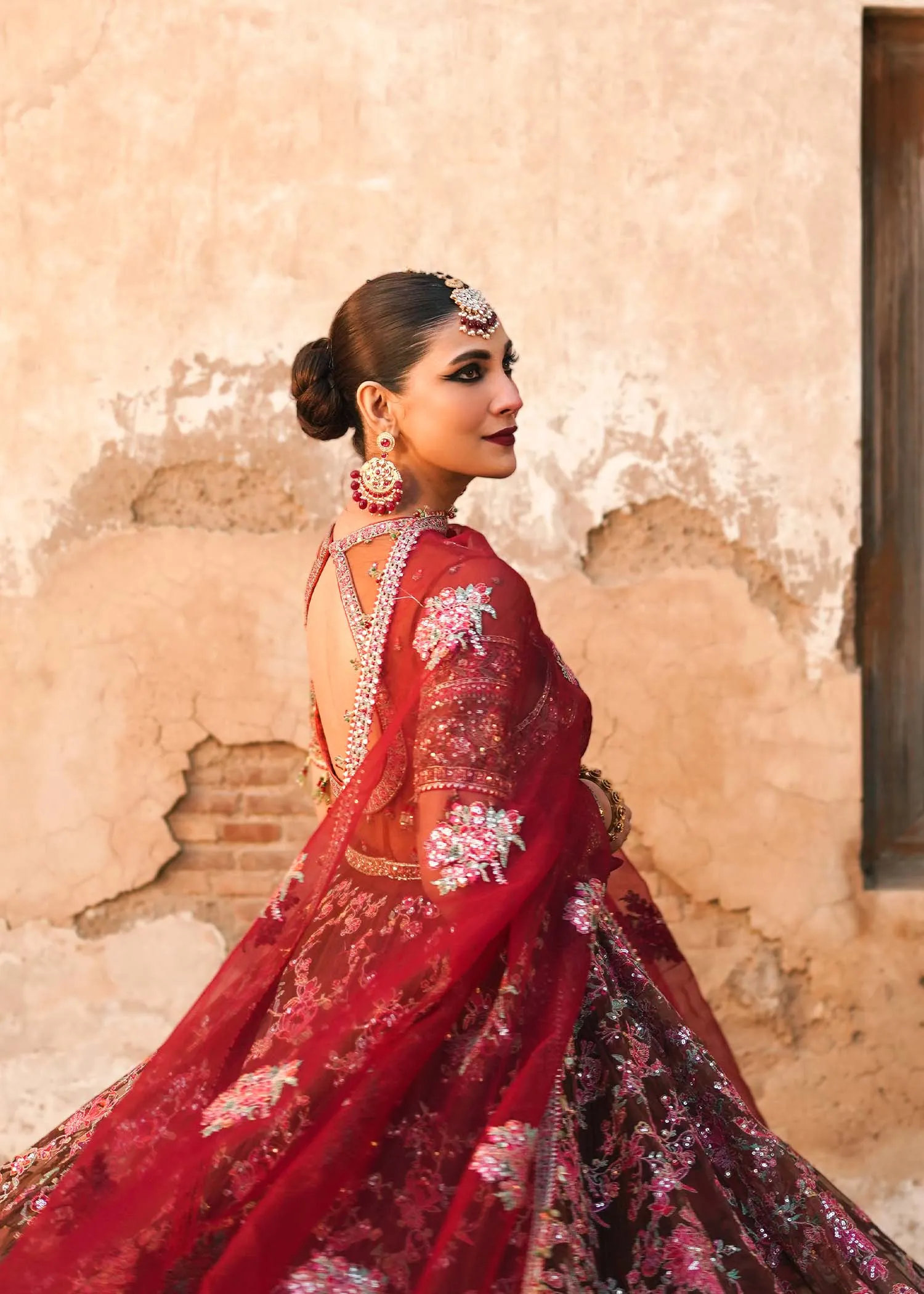Pakistani Bridal Pishwas Frock with Sharara and Dupatta