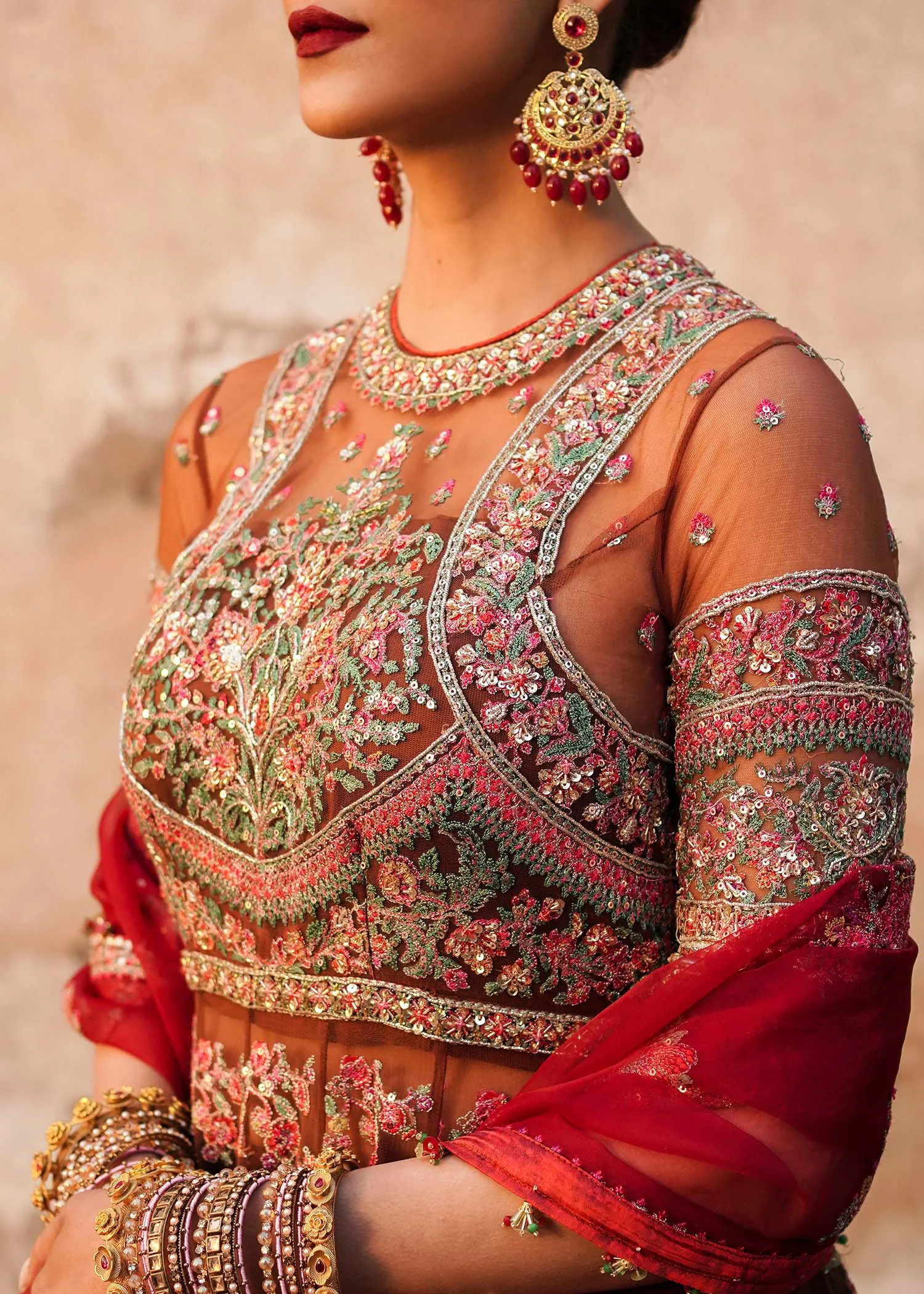 Pakistani Bridal Pishwas Frock with Sharara and Dupatta