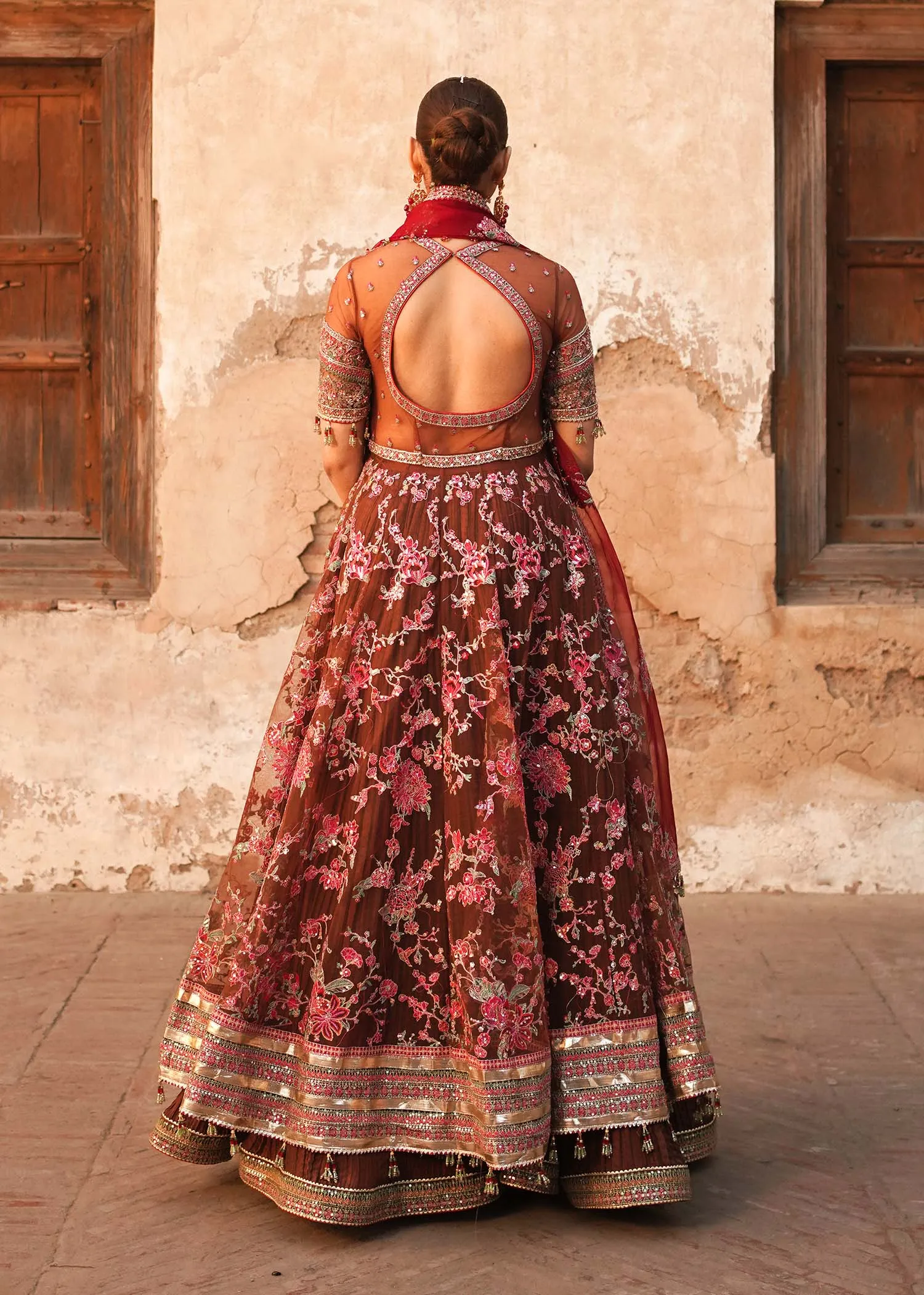 Pakistani Bridal Pishwas Frock with Sharara and Dupatta