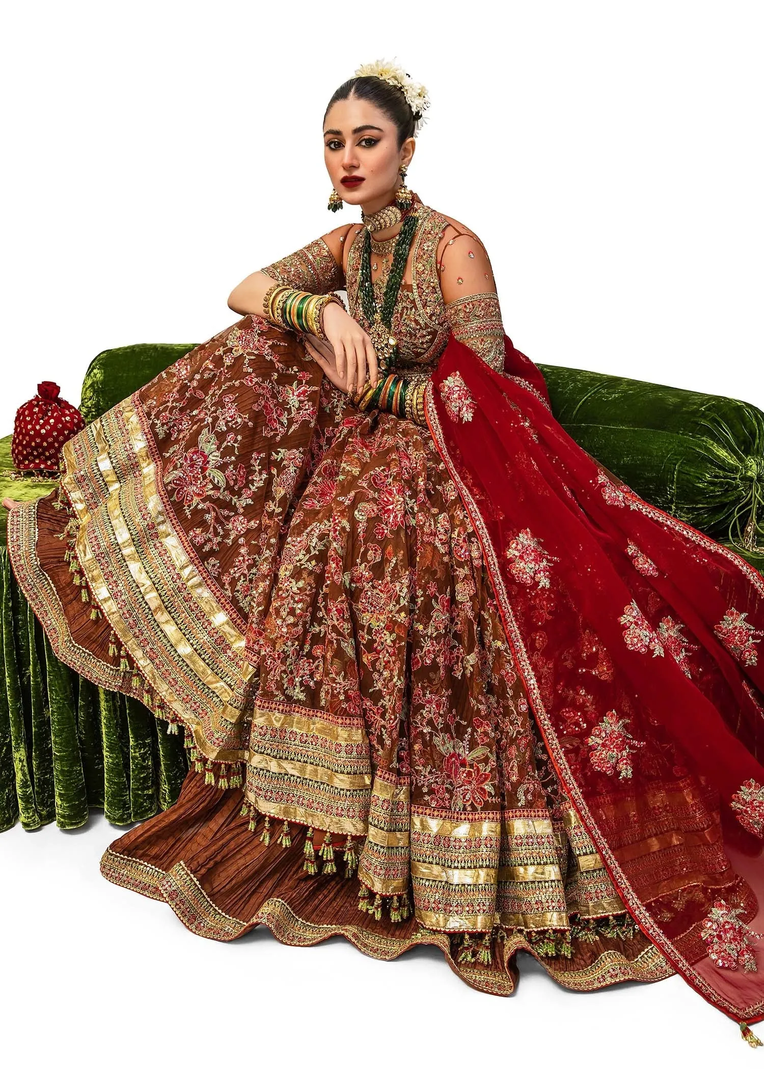 Pakistani Bridal Pishwas Frock with Sharara and Dupatta