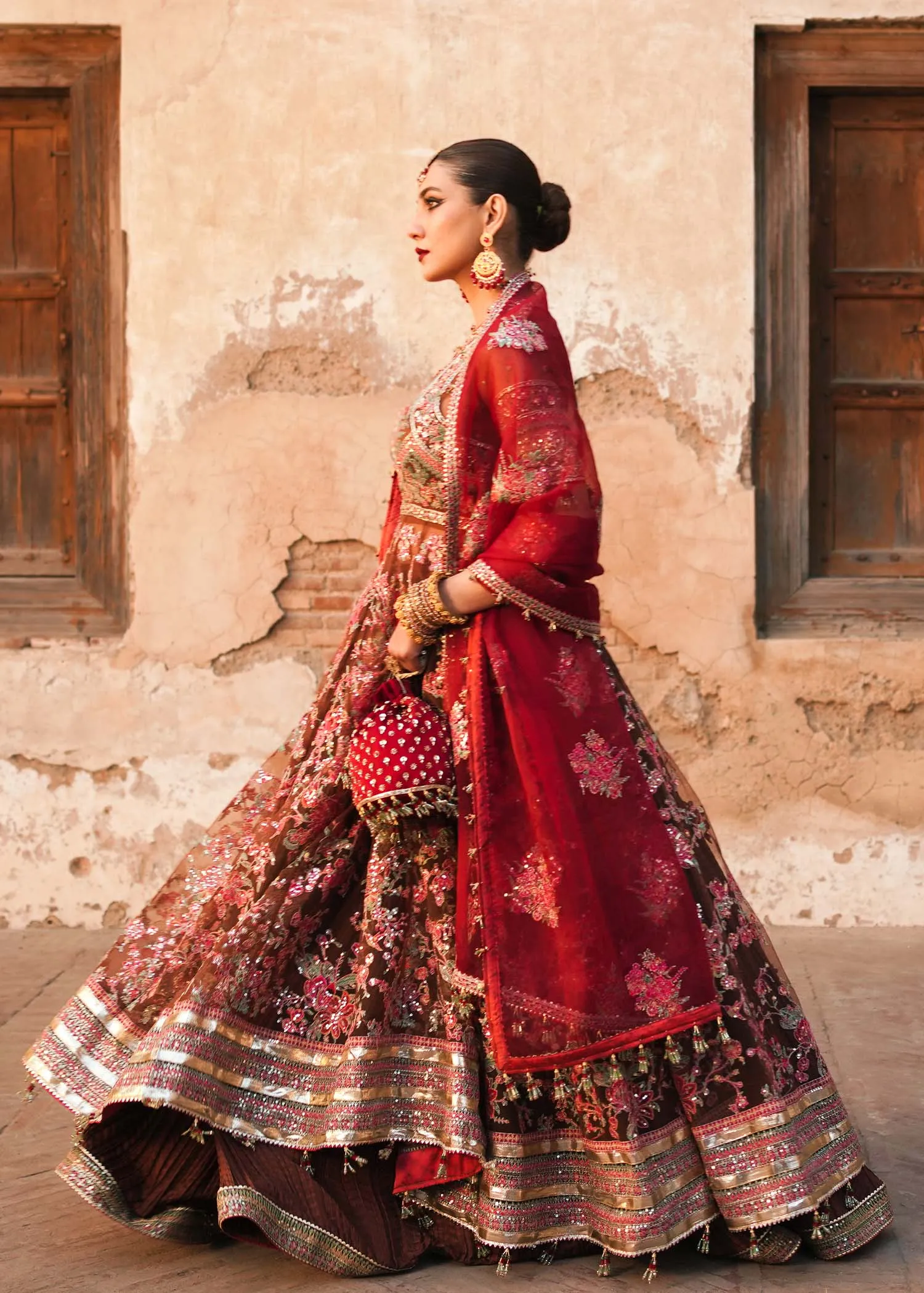 Pakistani Bridal Pishwas Frock with Sharara and Dupatta