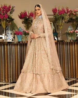 Pakistani Bridal Rose Gold Lehenga Frock Dress