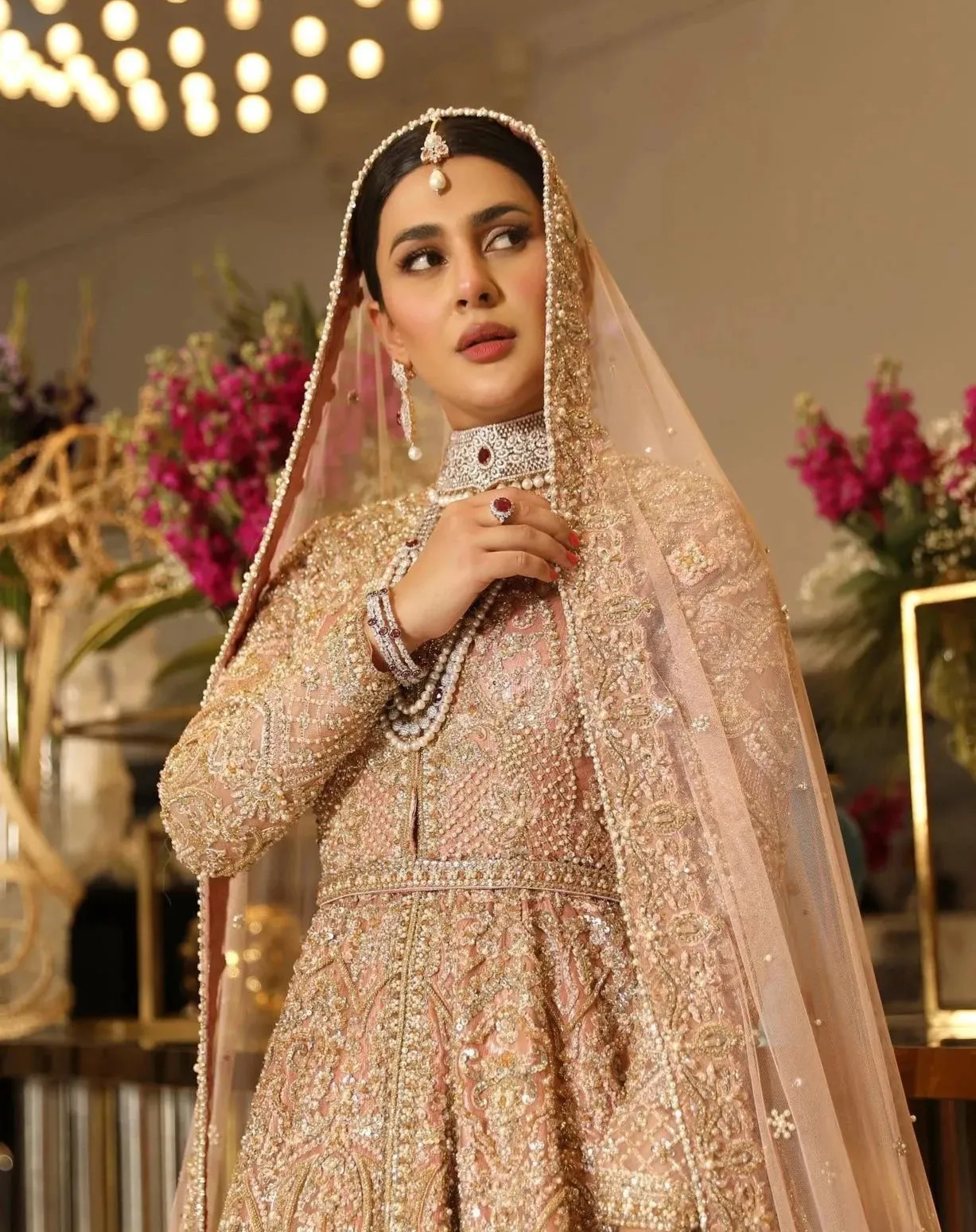 Pakistani Bridal Rose Gold Lehenga Frock Dress