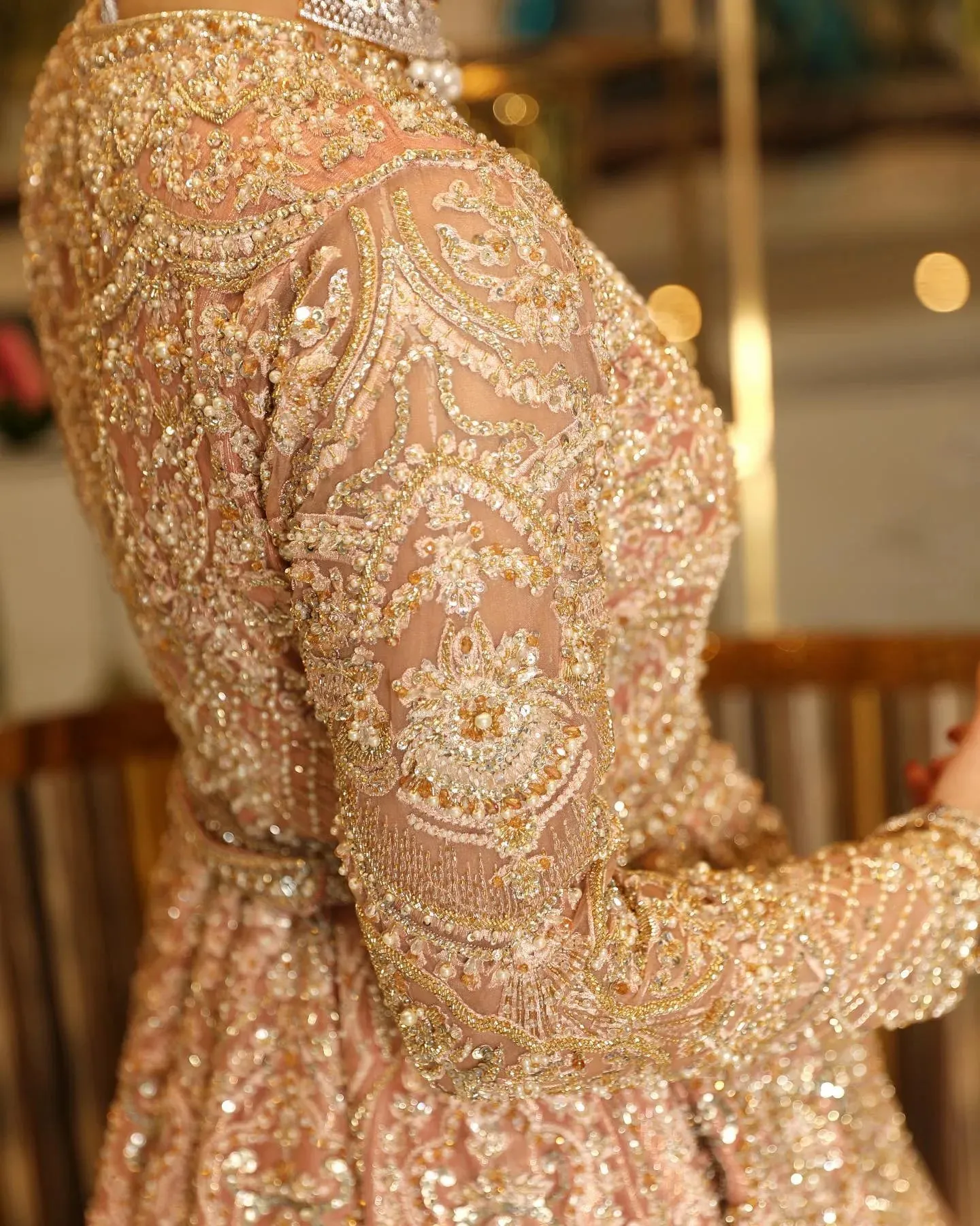 Pakistani Bridal Rose Gold Lehenga Frock Dress