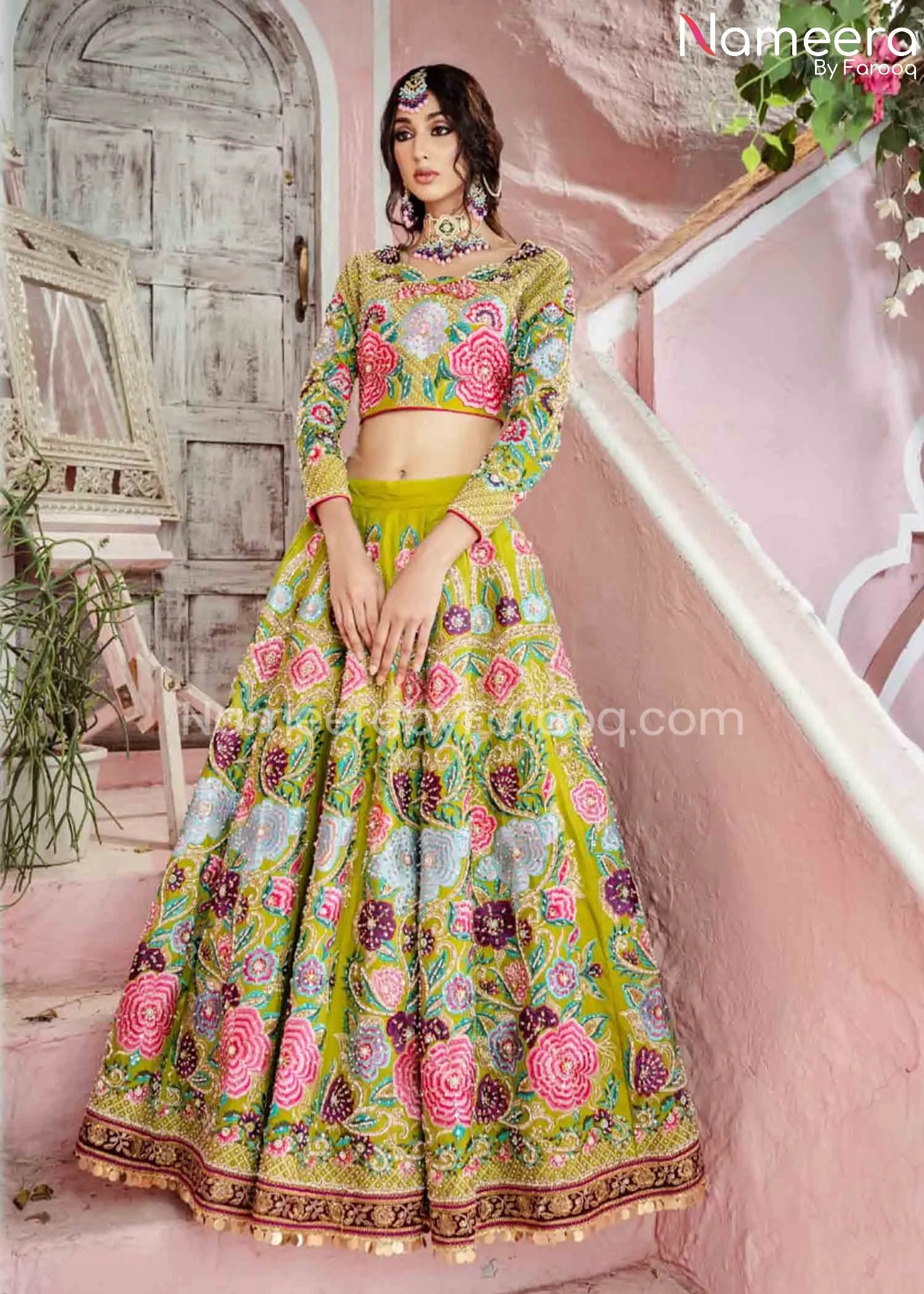Pakistani Floral Bridal Lehenga Choli Dress #BS609