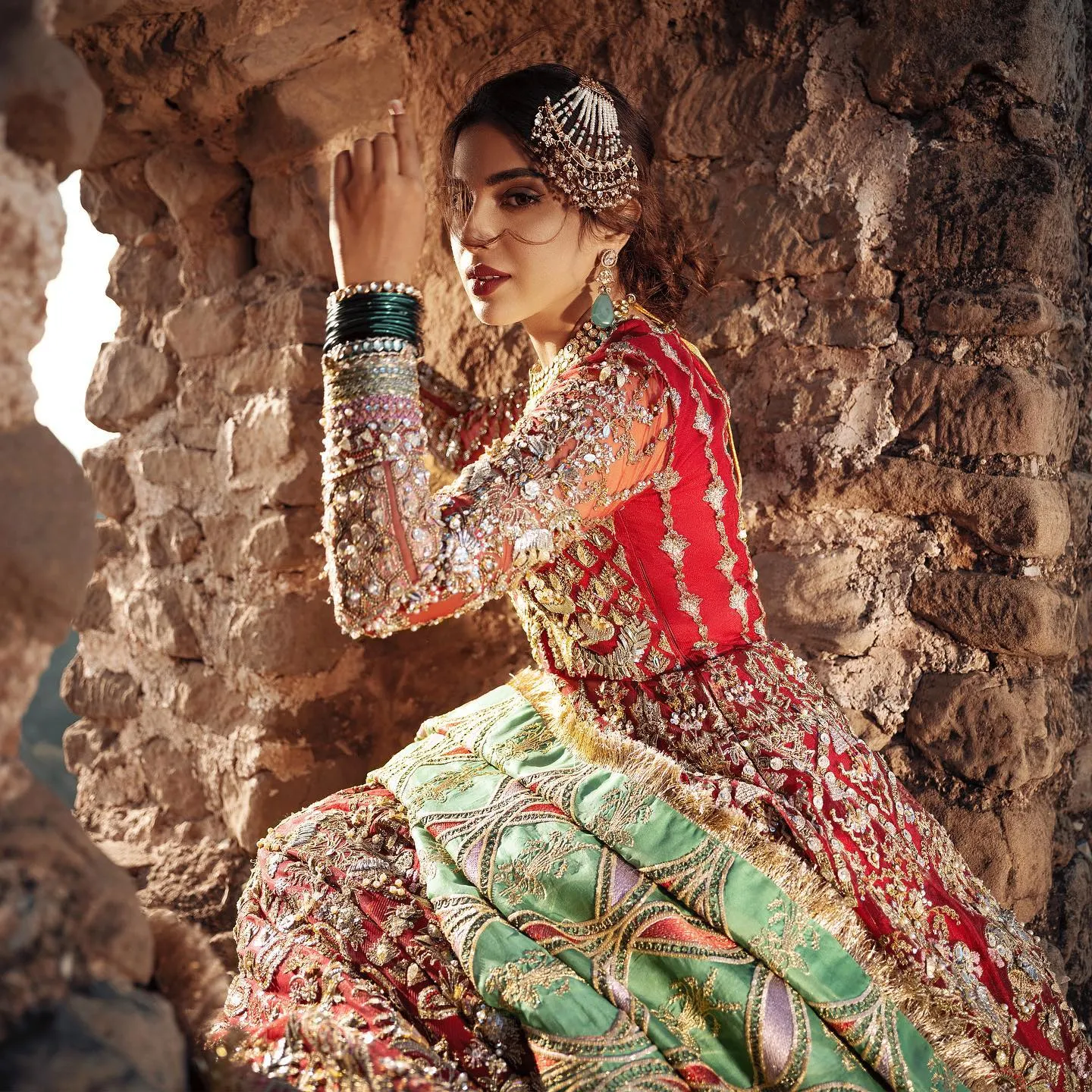 Pakistani Red Bridal Dress in Pishwas Style #BS856