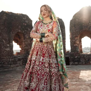 Pakistani Red Bridal Dress in Pishwas Style #BS856