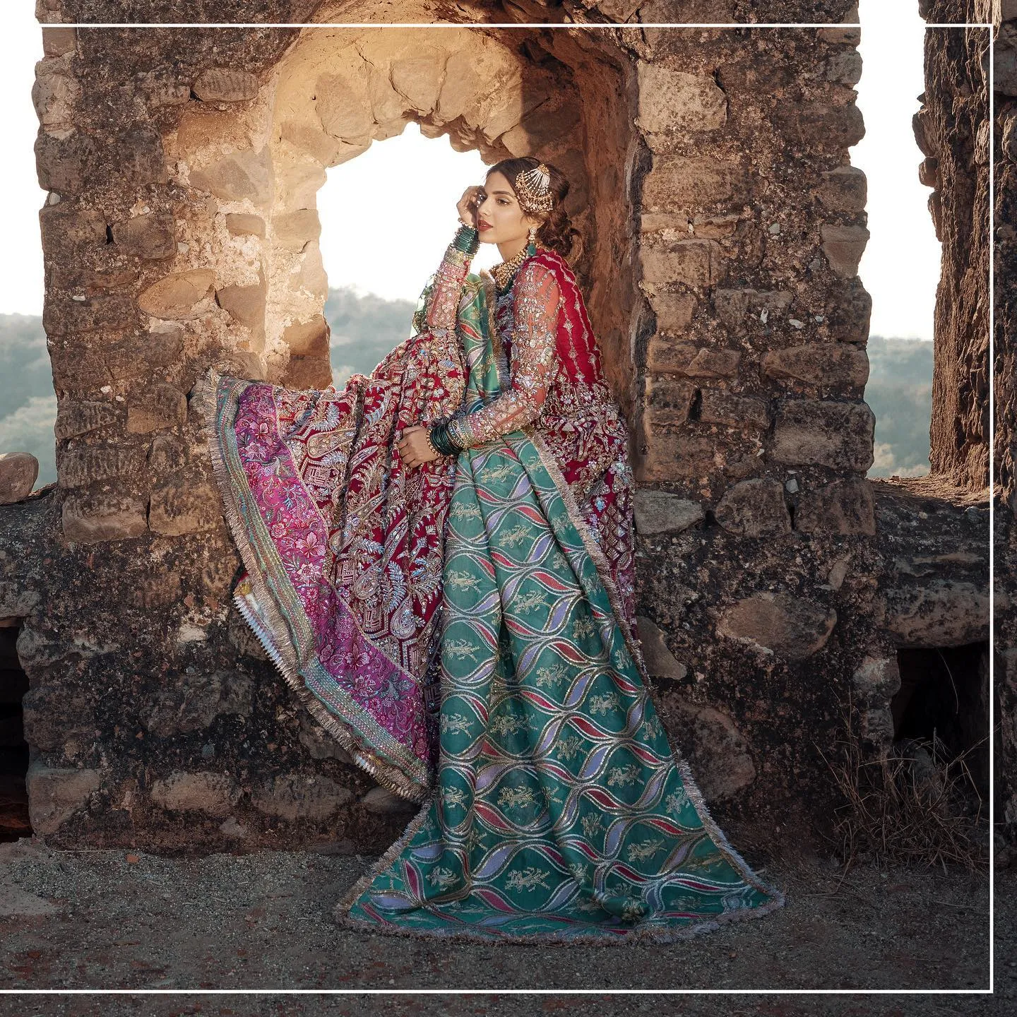 Pakistani Red Bridal Dress in Pishwas Style #BS856