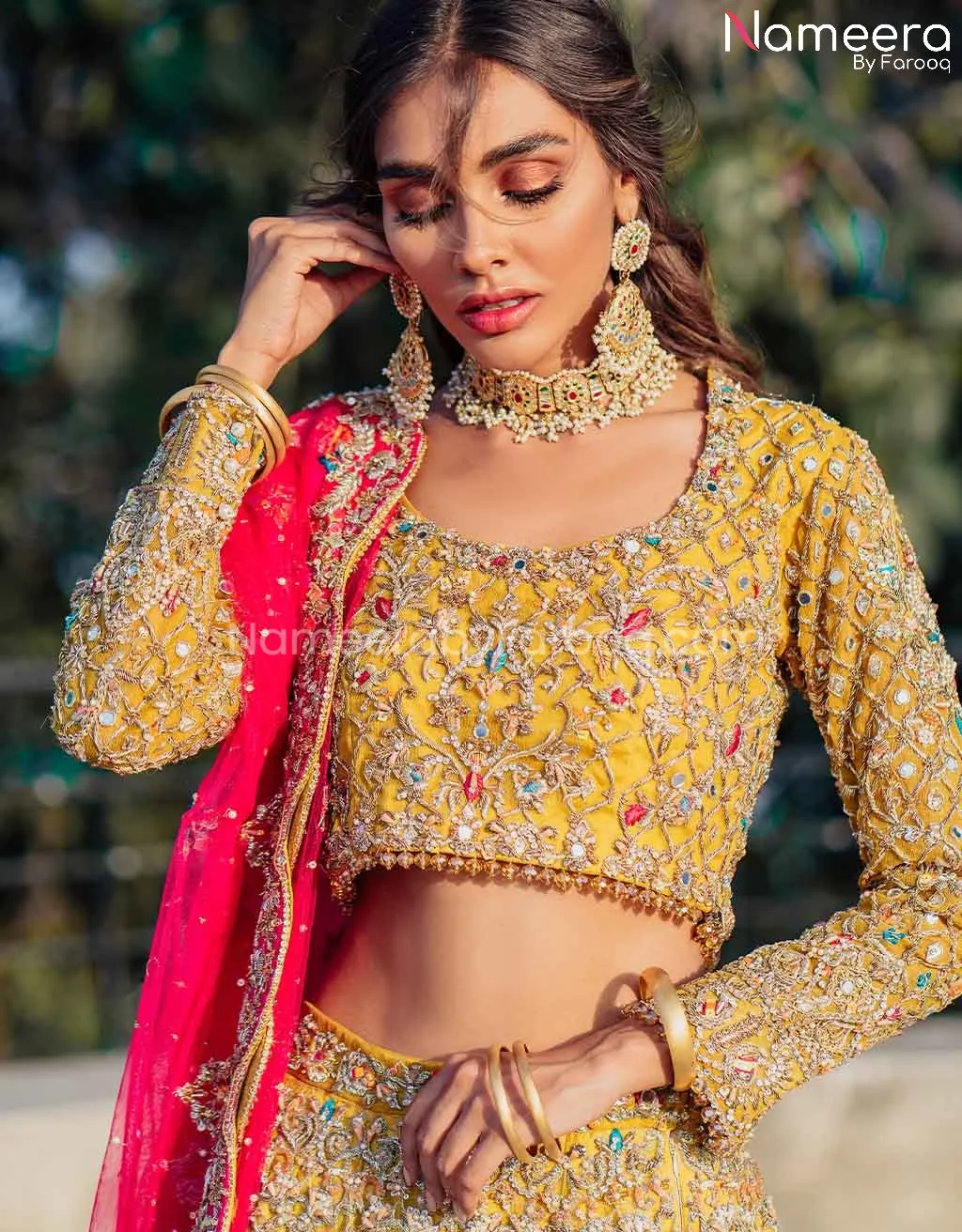 Pakistani Yellow Bridal Lehenga Choli Dress #BS598