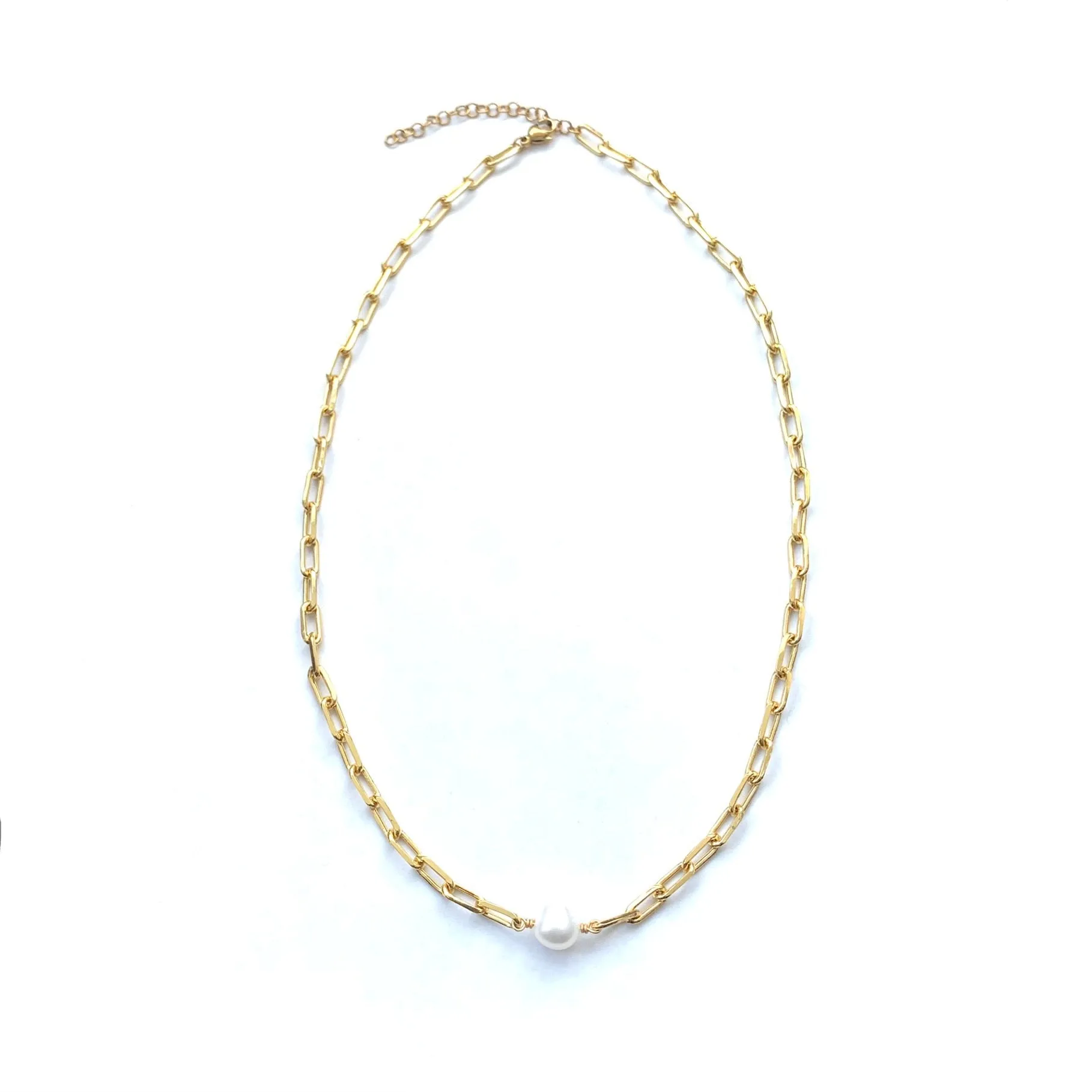 Paper Clip Pearl Gold Fill Necklace