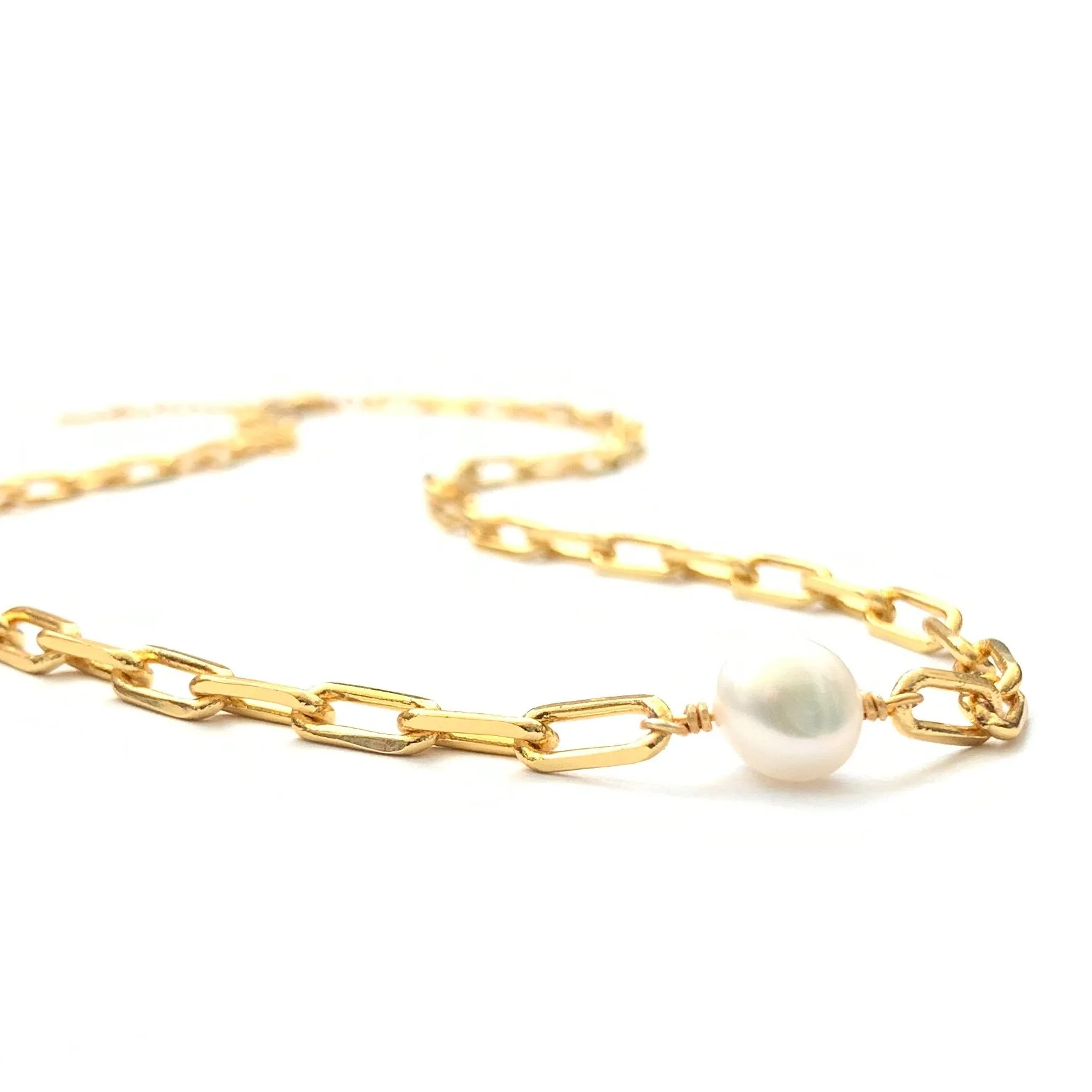 Paper Clip Pearl Gold Fill Necklace