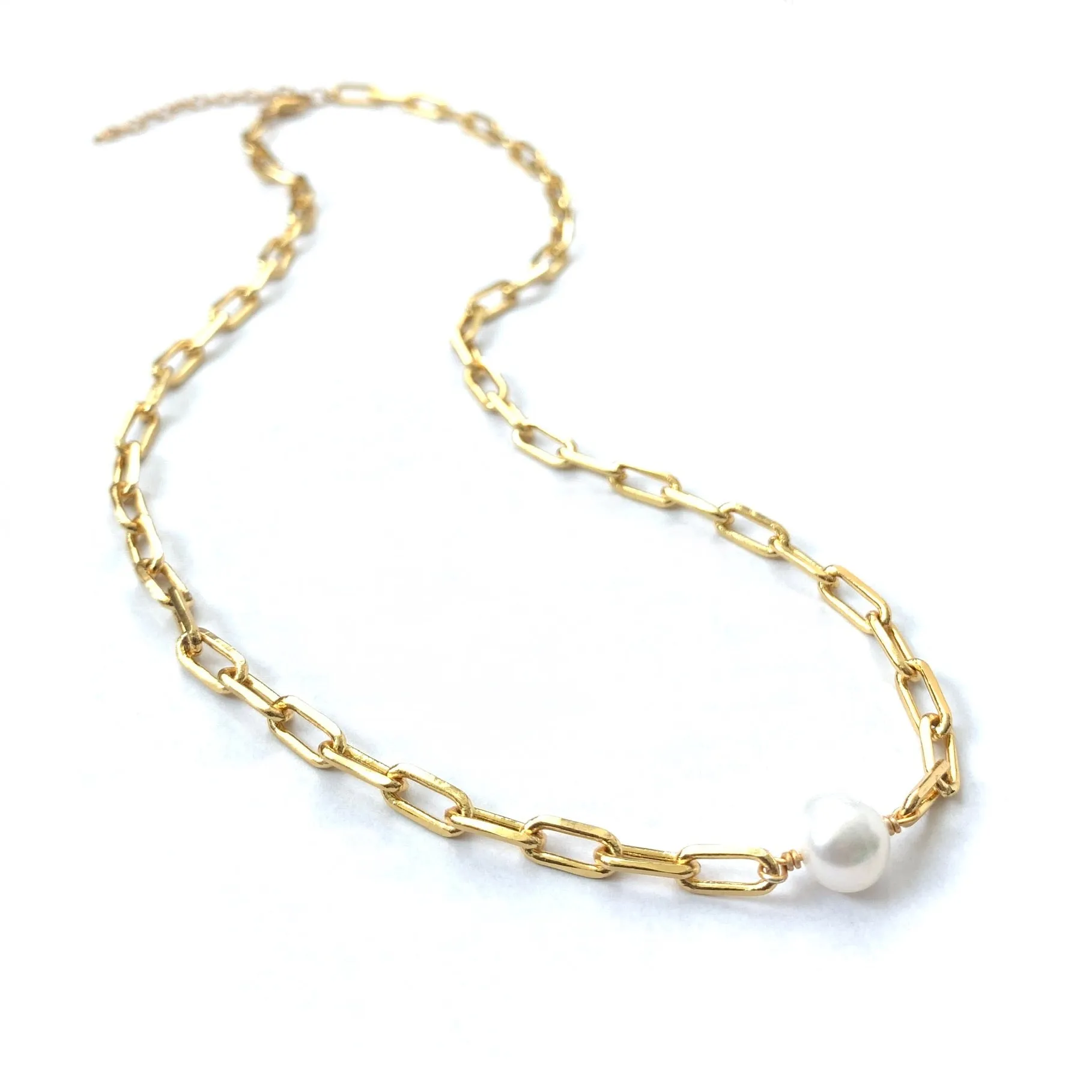 Paper Clip Pearl Gold Fill Necklace