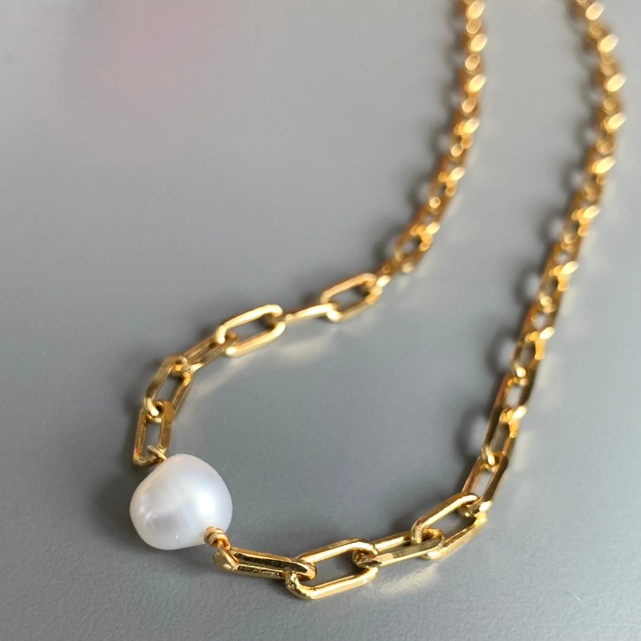 Paper Clip Pearl Gold Fill Necklace