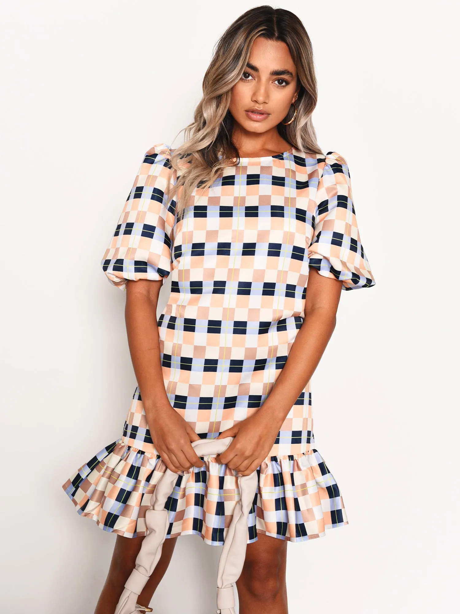 Peach Multi Check Ruffle Hem Mini Dress