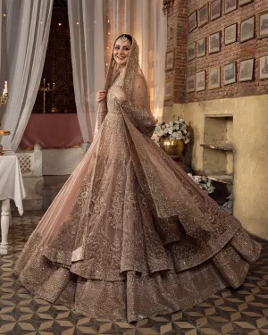 Peach Pink Bridal Dress Pakistani in Pishwas Style