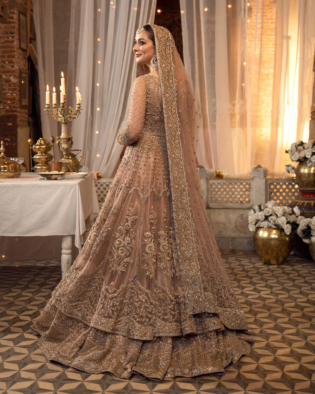 Peach Pink Bridal Dress Pakistani in Pishwas Style