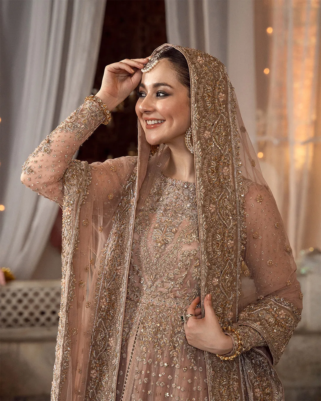 Peach Pink Bridal Dress Pakistani in Pishwas Style