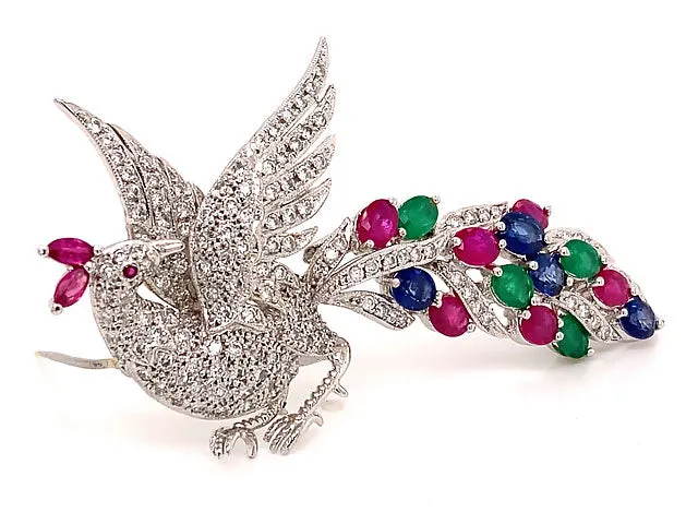 Peacock Diamond Ruby Sapphire & Emerald Brooch in 18k White Gold