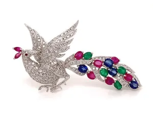Peacock Diamond Ruby Sapphire & Emerald Brooch in 18k White Gold