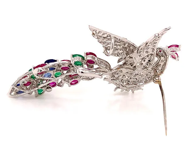 Peacock Diamond Ruby Sapphire & Emerald Brooch in 18k White Gold