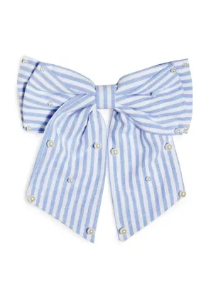 Pearls And Stripes Bow Clip - Blue