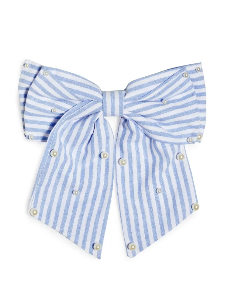 Pearls And Stripes Bow Clip - Blue