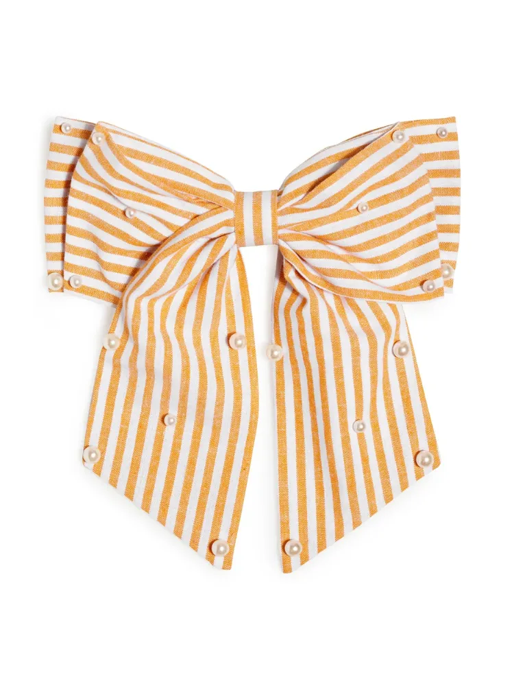 Pearls And Stripes Bow Clip - Gold