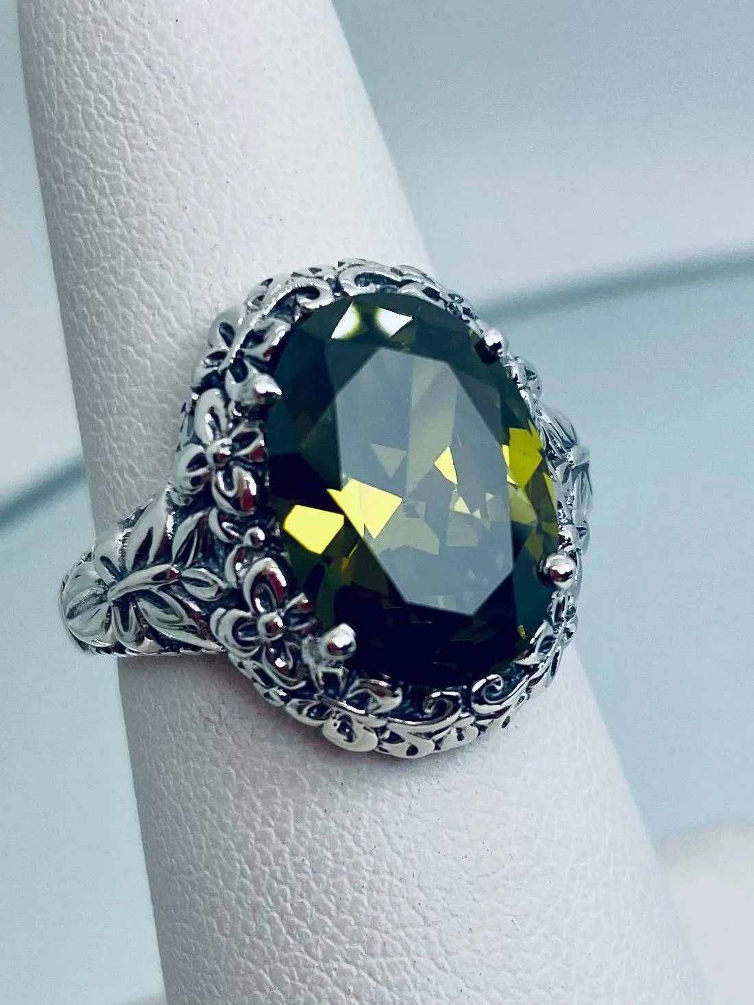 Peridot Butterfly Ring, Natural or Simulated Green Oval Gemstone, Art Nouveau Vintage Ring, D79