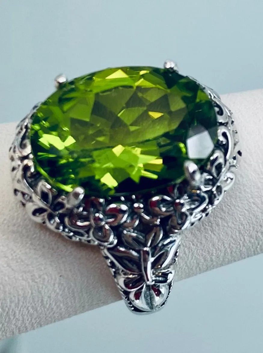Peridot Butterfly Ring, Natural or Simulated Green Oval Gemstone, Art Nouveau Vintage Ring, D79