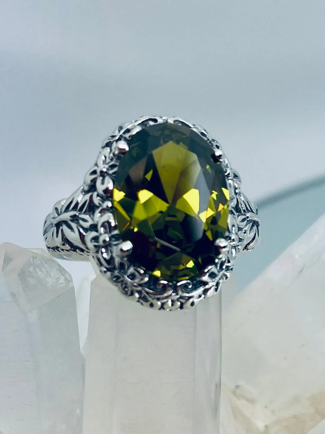 Peridot Butterfly Ring, Natural or Simulated Green Oval Gemstone, Art Nouveau Vintage Ring, D79