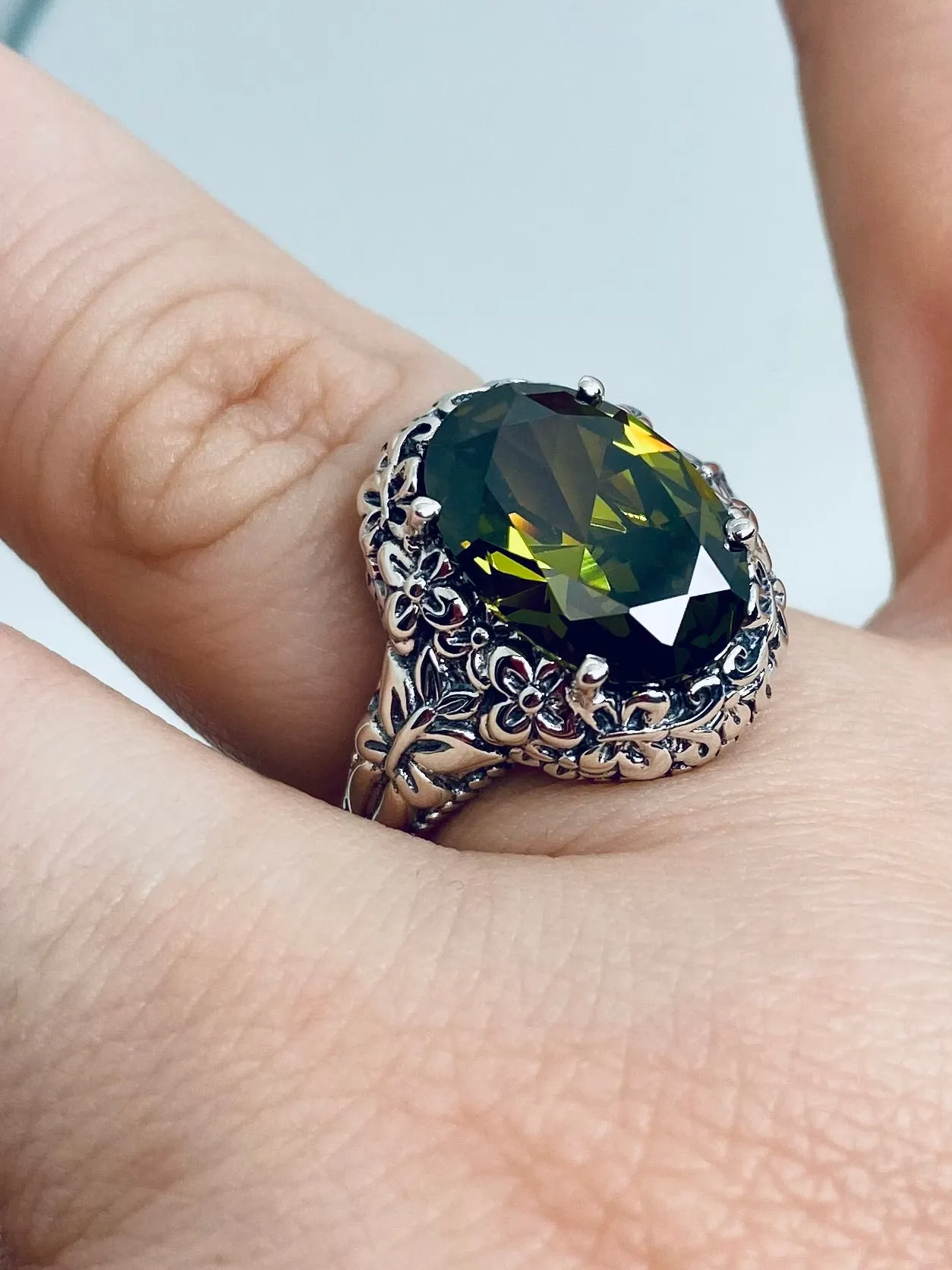 Peridot Butterfly Ring, Natural or Simulated Green Oval Gemstone, Art Nouveau Vintage Ring, D79