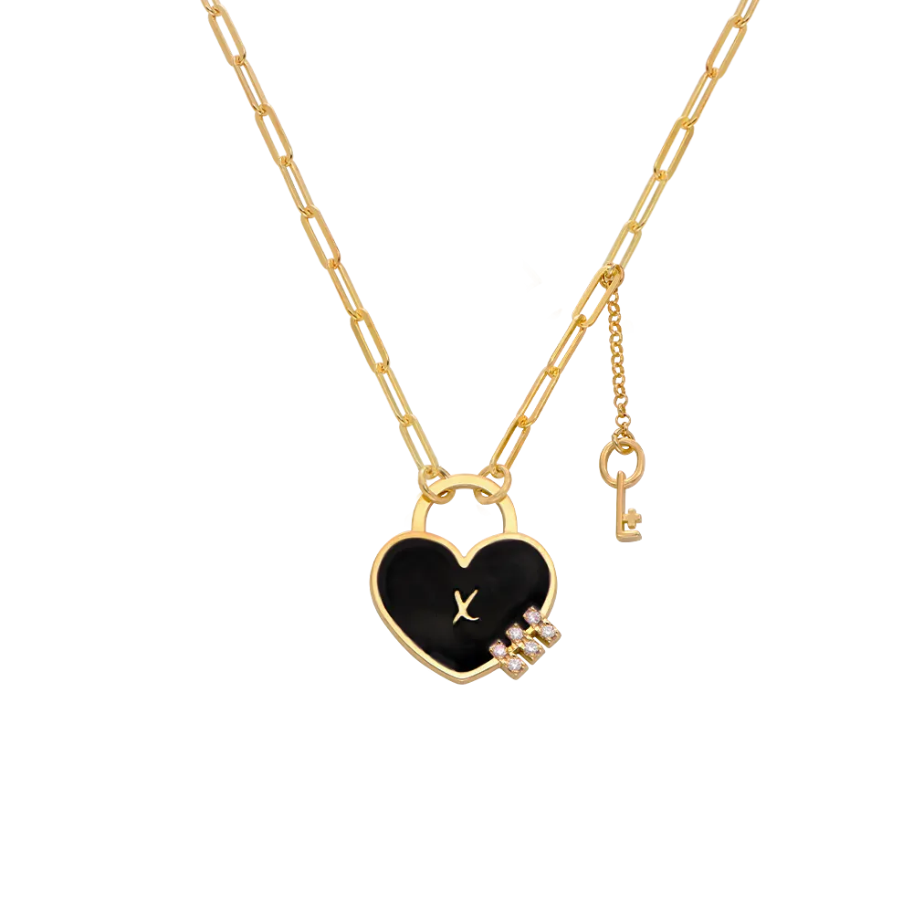 Personalized Heart On Lock And Key Necklace With Diamonds- Gold Vermeil