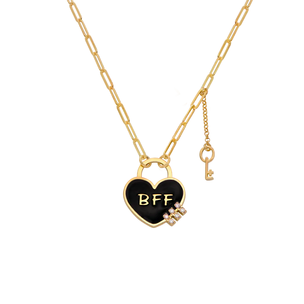 Personalized Heart On Lock And Key Necklace With Diamonds- Gold Vermeil