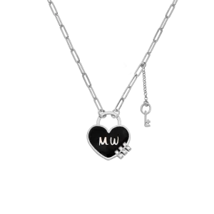 Personalized Heart On Lock And Key Necklace With Diamonds- Silver