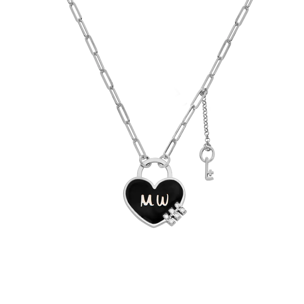 Personalized Heart On Lock And Key Necklace With Diamonds- Silver